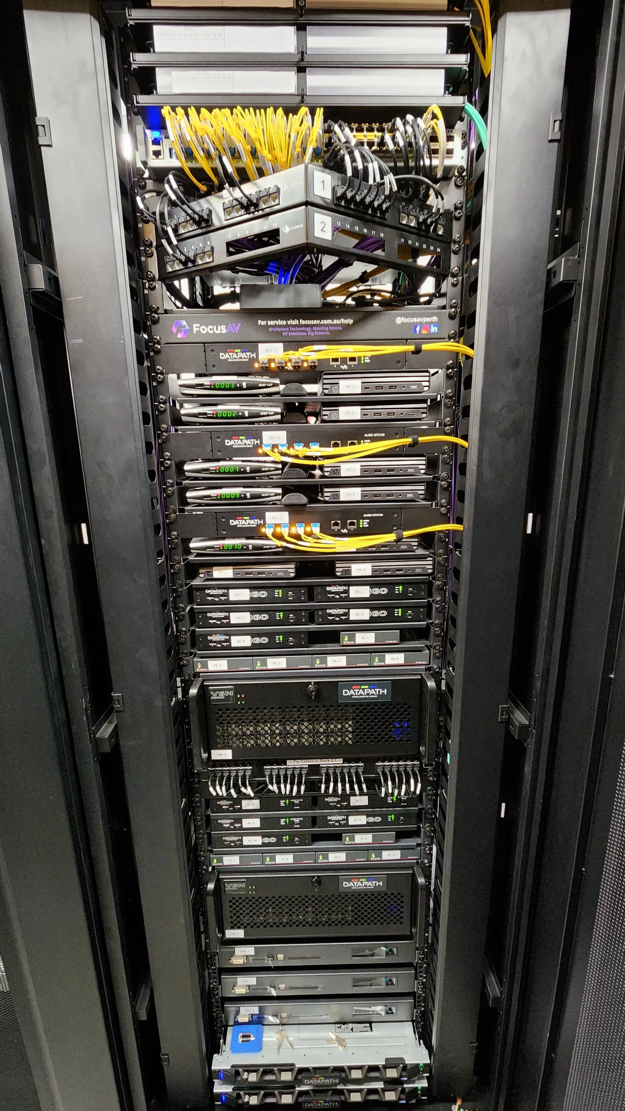 A comms rack with dense fibre patching and structured cabling