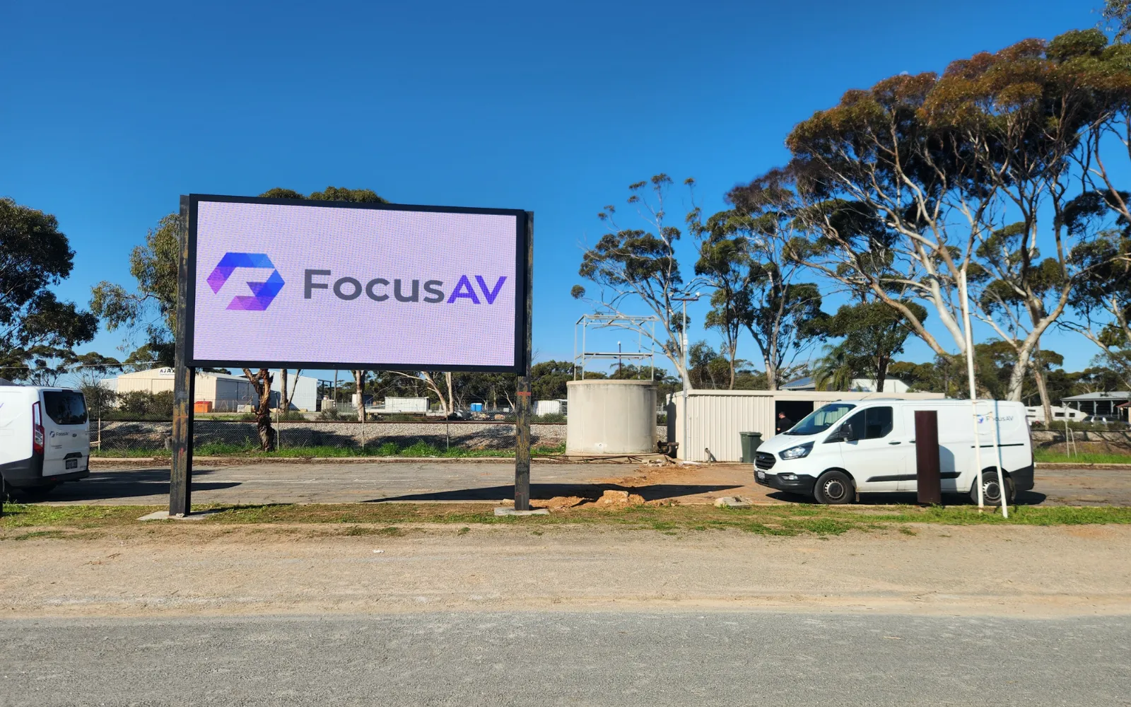 Focus AV branded LED screen and service vans on site at the Shire of Moora, regional WA