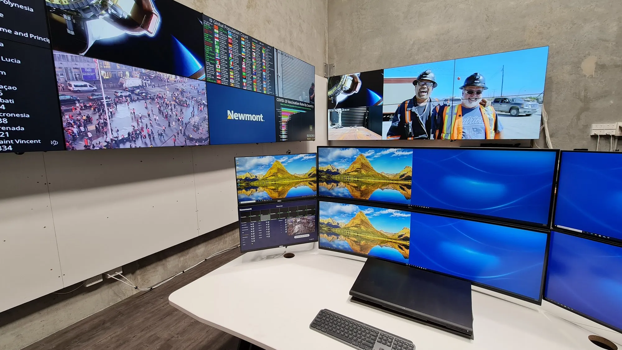 An operations desk with a six-monitor array facing the Newmont video wall of mine maps and camera feeds
