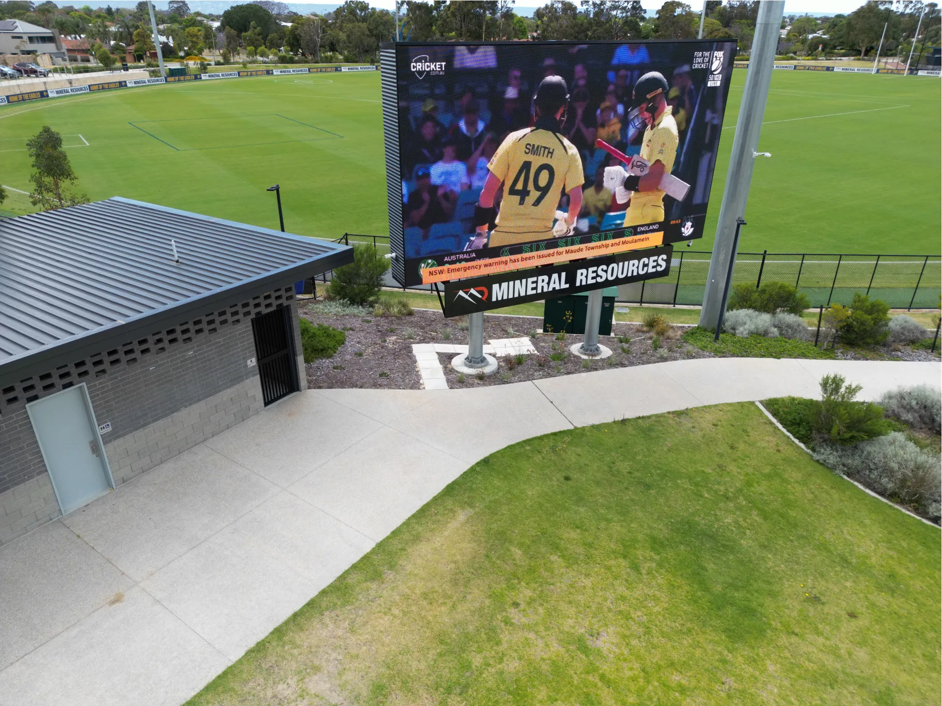 Drone view of the LED scoreboard Focus AV delivered at Mineral Resources Park for the West Coast Eagles