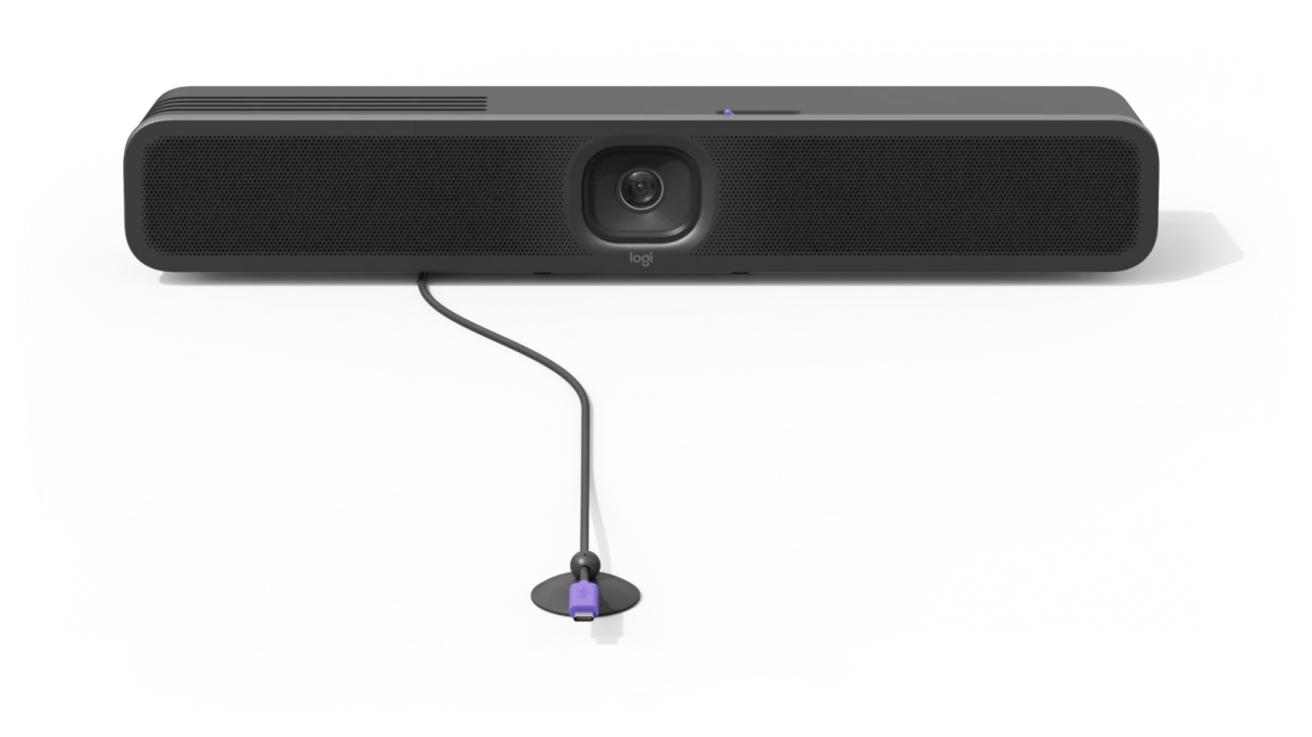 Manufacturer product image of a Logitech MeetUp 2 video bar connected by a single USB-C cable to a round table connectivity puck